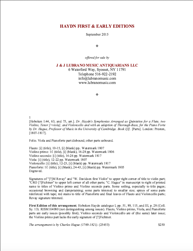 Haydn First & Early Editions: September 2015